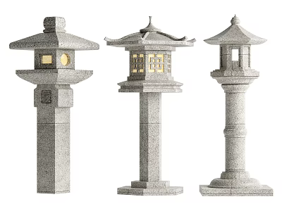 Traditional Japanese Style Stone Outdoor Lanterns with Pagoda Tops and Carved Pillars 3d model