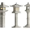 Traditional Japanese Style Stone Outdoor Lanterns with Pagoda Tops and Carved Pillars