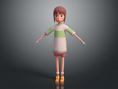 3D Character Girl With Brown Hair Green White Striped Shirt Pink Shorts And Yellow Shoes 3d model