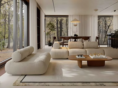 Modern Living Room Interior with Cream Sofa Wooden Coffee Table and Large Windows View 3d model