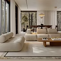 Modern Living Room Interior with Cream Sofa Wooden Coffee Table and Large Windows View
