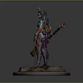 Blue Skinned Fantasy Warrior Holding Flaming Lava Sword With Red Orange Armor On Rocky Base
