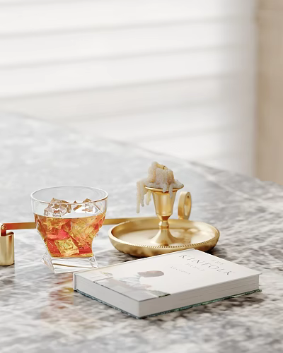 Decorative Ornament Set On Marble Tabletop With Glass Cup Gold Candlestick Tray And Vanda Box 3d model