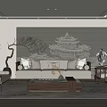 Traditional Chinese Living Room Interior With Sofa Coffee Table Armchairs And Oriental Mural