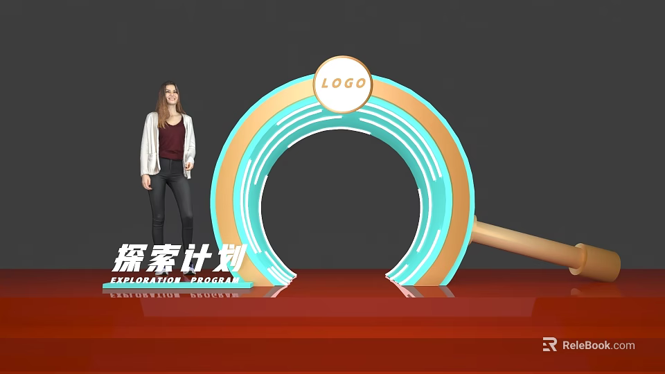 Exploration Plan Display Featuring Arc Shaped Structure With LOGO And Person 3d model