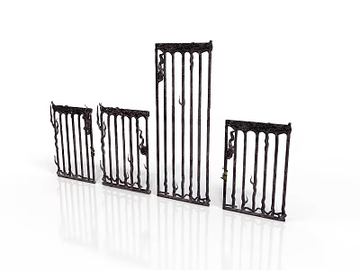 Four Black Wrought Iron Railings With Ornate Designs And Spiked Tops 3d model