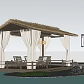 Traditional Thatched Roof Pavilion with White Curtains Wooden Chairs and Water Pool Surroundings