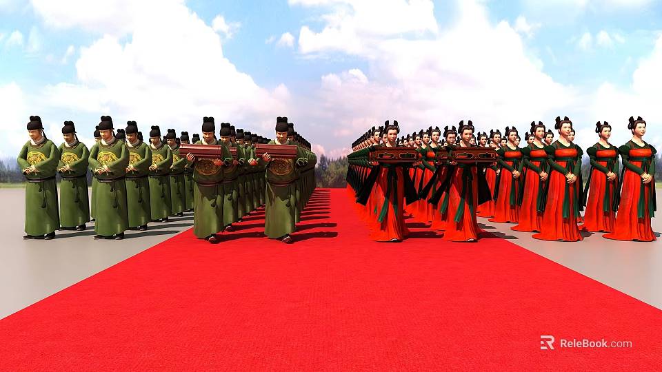 People In Traditional Green Red Costumes Marching Procession On Red Carpet With Blue Sky 3d model 