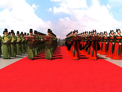 People In Traditional Green Red Costumes Marching Procession On Red Carpet With Blue Sky 3d model