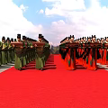 People In Traditional Green Red Costumes Marching Procession On Red Carpet With Blue Sky