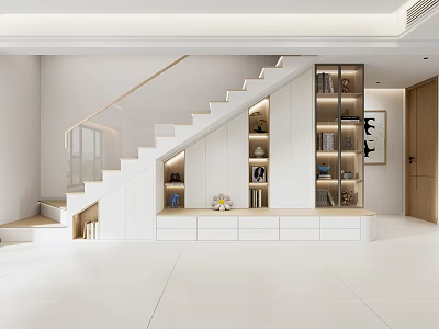 Modern White Staircase Interior Design With Glass Railing And Built in Storage Shelves 3d model