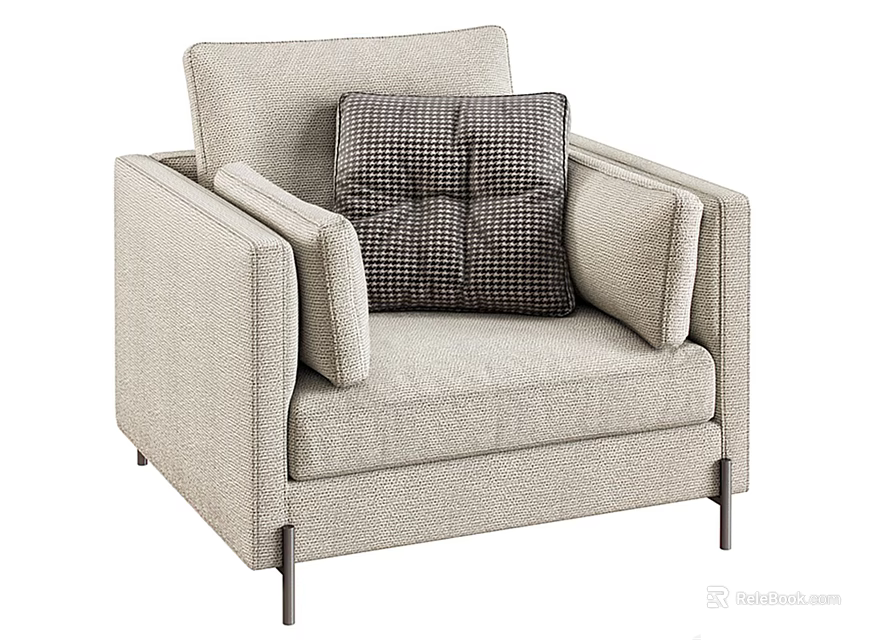 Light Beige Modern Single Sofa With Plaid Pattern Pillow Armrest And Metal Legs 3d model