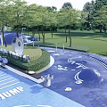 Fun Outdoor Kids Play Area With Slide Sandpit Dome Climbing Structure and Blue Patterned Flooring