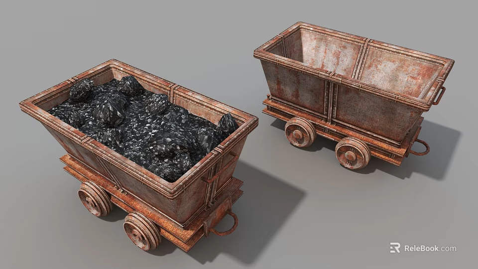 Vintage Rusted Mine Carts Filled With Ore On Gray Surface 3d model 