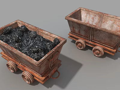 Vintage Rusted Mine Carts Filled With Ore On Gray Surface 3d model