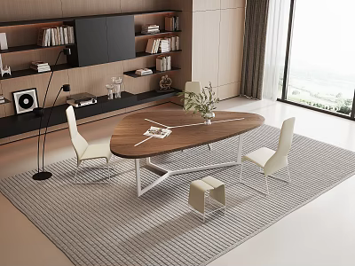 Modern Minimalist Oval Wooden Dining Table Set With White Chairs Green Plant And Small Stool 3d model