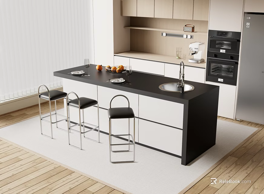 Sleek Modern Kitchen Interior With Black Counter Stools And White Cabinets 3d model