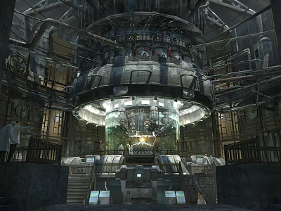 Large Industrial Mechanical Structure With Circular Design Glowing Core Staircases And Platforms 3d model