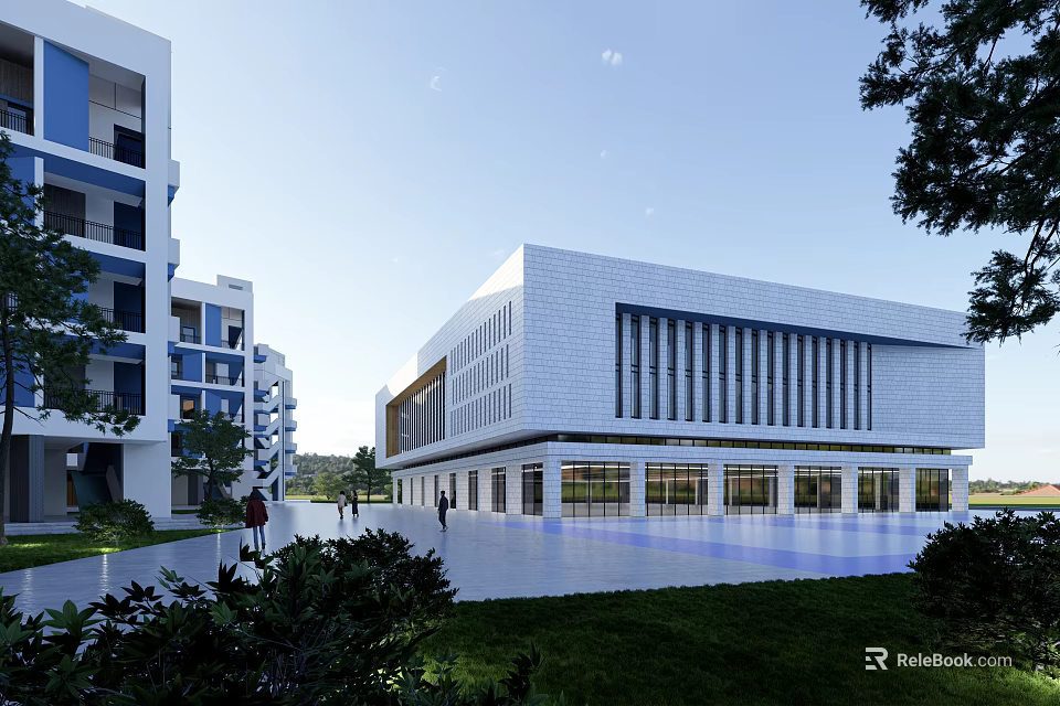 Modern School Building With White Exterior Large Windows Greenery And Open Plaza 3d model 