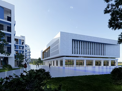 Modern School Building With White Exterior Large Windows Greenery And Open Plaza 3d model