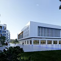 Modern School Building With White Exterior Large Windows Greenery And Open Plaza