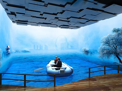 Two People Rowing Boat On Blue Water With City Skyline Trees And Geometric Ceiling 3d model