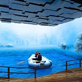 Two People Rowing Boat On Blue Water With City Skyline Trees And Geometric Ceiling