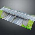 Modern Bridge Structure With Road Lanes Grass Areas And Street Lights