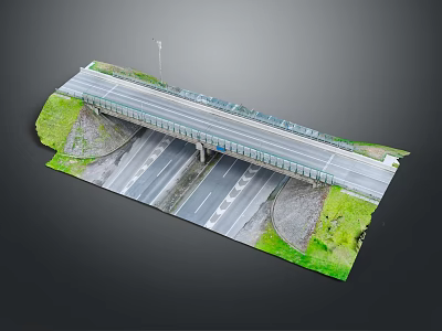 Modern Bridge Structure With Road Lanes Grass Areas And Street Lights 3d model