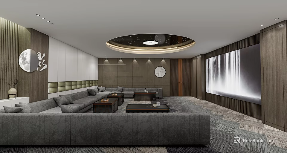 Modern Home Theater Interior With Large Screen Comfortable Sofa And Ambient Lighting 3d model