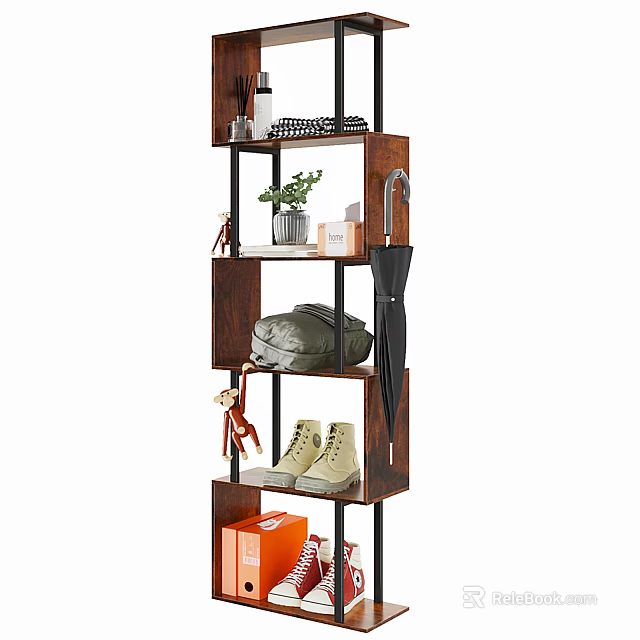 Multilayer Wooden Display Shelf With Potted Plant Bag Shoes Umbrella And Decorative Items 3d model 
