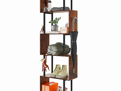 Multilayer Wooden Display Shelf With Potted Plant Bag Shoes Umbrella And Decorative Items 3d model