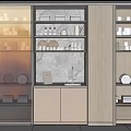 Modern Kitchen Tableware Set Display On Shelves With Wooden Cabinets White Countertop And Landscape Painting