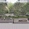 Modern High Rise Residential Landscape With Lush Trees Lawn Paved Plaza And Seating Areas