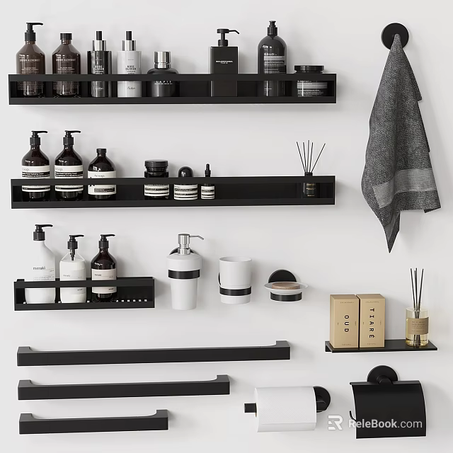 Bathroom Washing Essentials with Black Shelves White Black Containers Candles Diffusers and Towel 3d model 