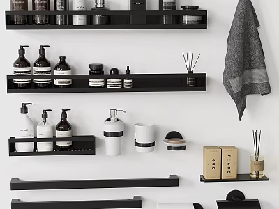 Bathroom Washing Essentials with Black Shelves White Black Containers Candles Diffusers and Towel 3d model