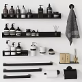 Bathroom Washing Essentials with Black Shelves White Black Containers Candles Diffusers and Towel