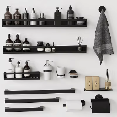 Bathroom Washing Essentials with Black Shelves White Black Containers Candles Diffusers and Towel 3d model