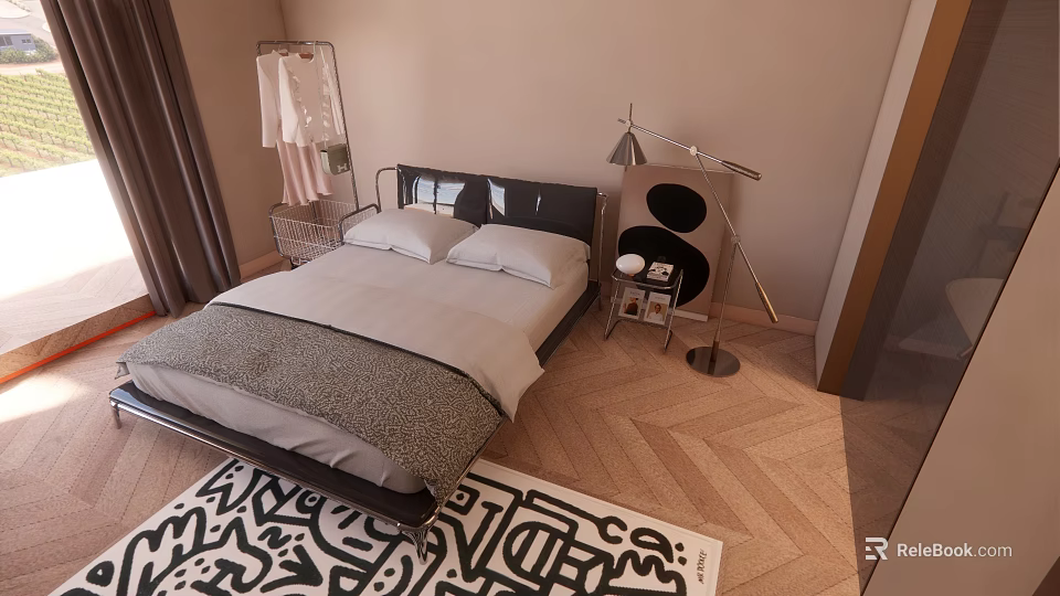 Double Bed in Modern Bedroom with Nightstand Floor Lamp Herringbone Floor and Black White Rug 3d model 