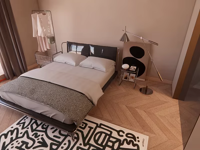 Double Bed in Modern Bedroom with Nightstand Floor Lamp Herringbone Floor and Black White Rug 3d model