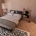 Double Bed in Modern Bedroom with Nightstand Floor Lamp Herringbone Floor and Black White Rug