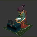 Red Chair Blue Trunk With Laptop On Green Rug For Home Living