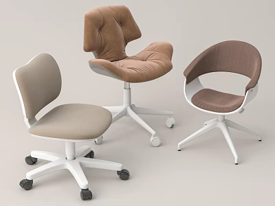 Three Office Chairs in Light Gray Brown and Dark Brown with White Bases and Wheels 3d model