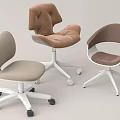 Three Office Chairs in Light Gray Brown and Dark Brown with White Bases and Wheels