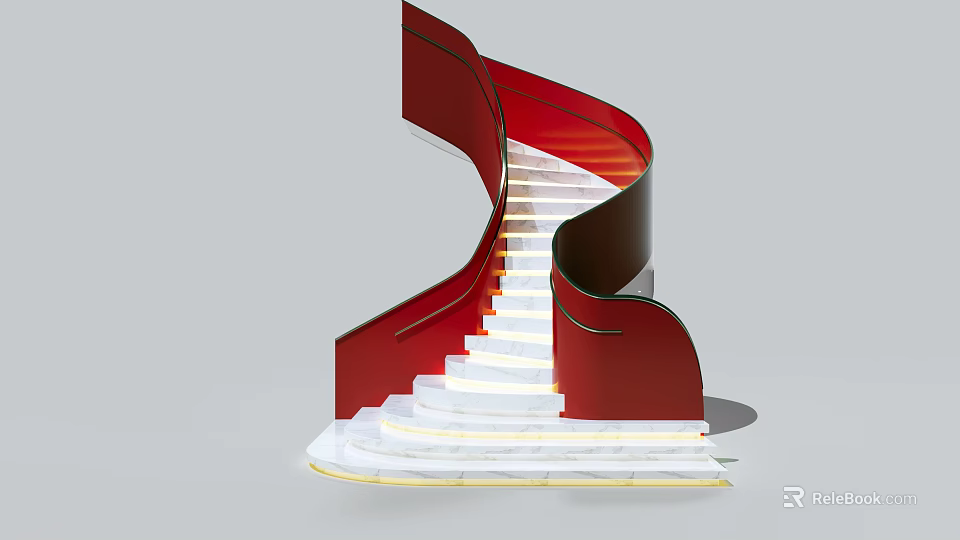Elegant Modern Spiral Staircase With Red Railings White Marble Steps And Gold Accents 3d model 