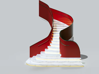 Elegant Modern Spiral Staircase With Red Railings White Marble Steps And Gold Accents 3d model