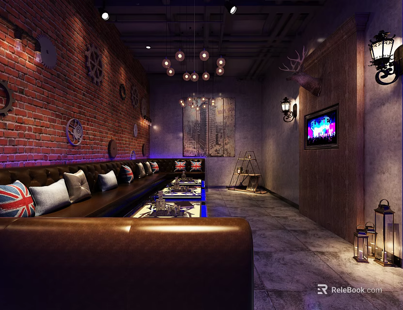 Vintage KTV Interior Design With Dark Red Brick Walls Black Leather Sofas And TV Screen 3d model 