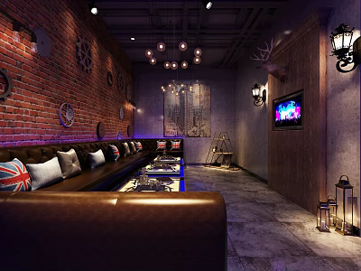 Vintage KTV Interior Design With Dark Red Brick Walls Black Leather Sofas And TV Screen 3d model