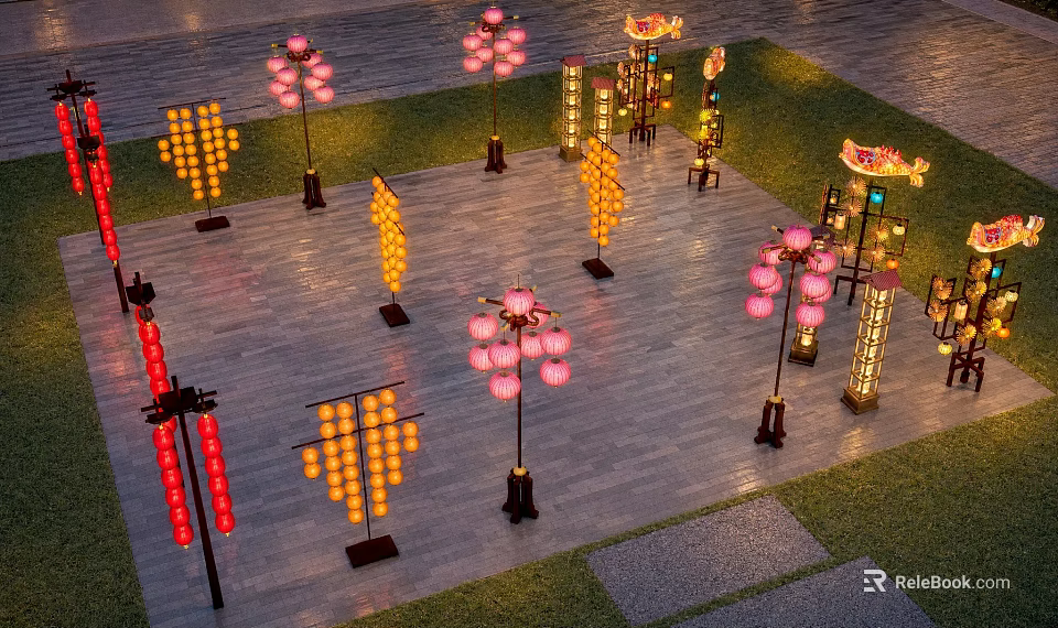 Colorful Illuminated Lanterns With Traditional And Modern Designs On Stone Path And Grass 3d model 