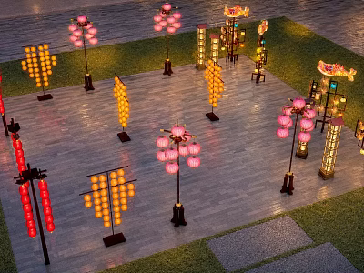Colorful Illuminated Lanterns With Traditional And Modern Designs On Stone Path And Grass 3d model